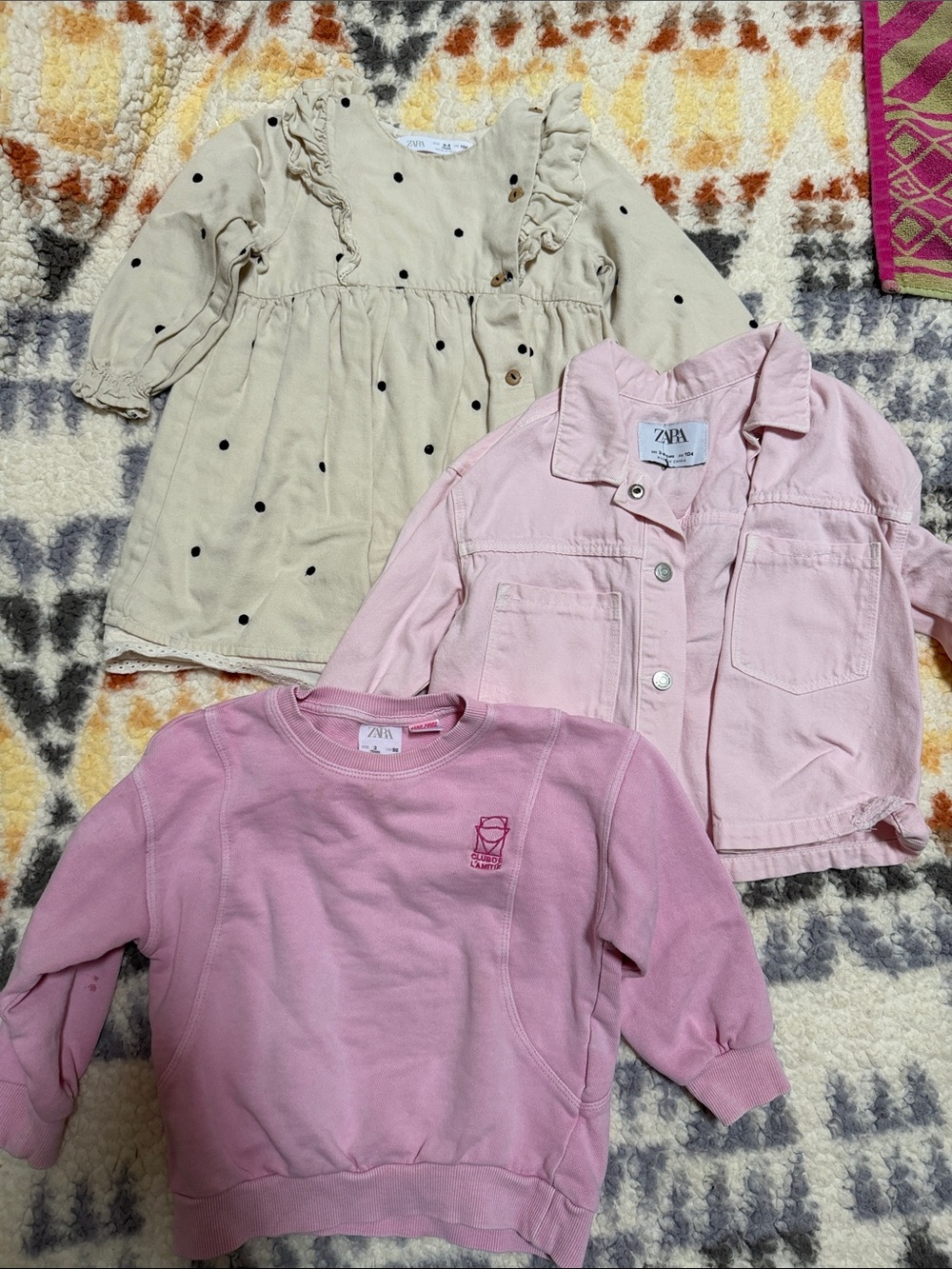 ZARA Pink Jacket, Light Pink Sweatshirt & Cream Polka Dot Dress